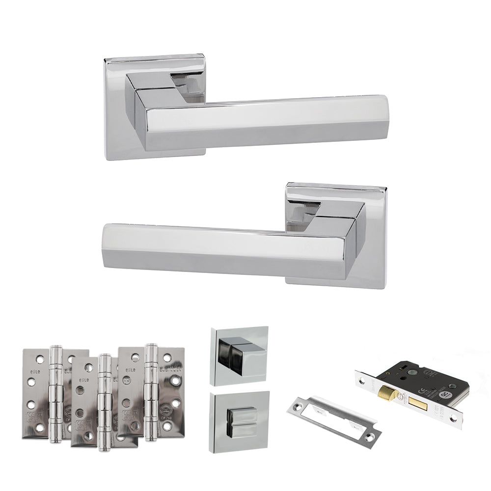 Quality image of Senza Pari Davoli Door Handle Pack (Bathroom Set - 3" CE Bathroom Lock, 4" Fire Rated Hinges x3) - Polished Chrome | Sku. adpsp216pc11 | available from Trade Door Handles.