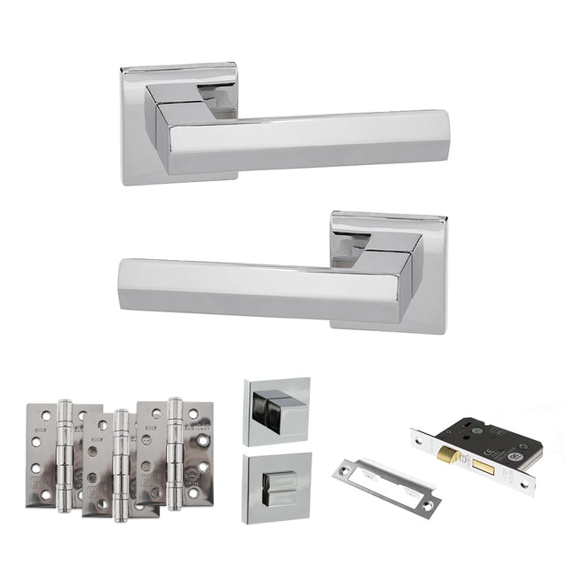 Quality image of Senza Pari Davoli Door Handle Pack (Bathroom Set - 3" CE Bathroom Lock, 4" Fire Rated Hinges x3) - Polished Chrome | Sku. adpsp216pc11 | available from Trade Door Handles.
