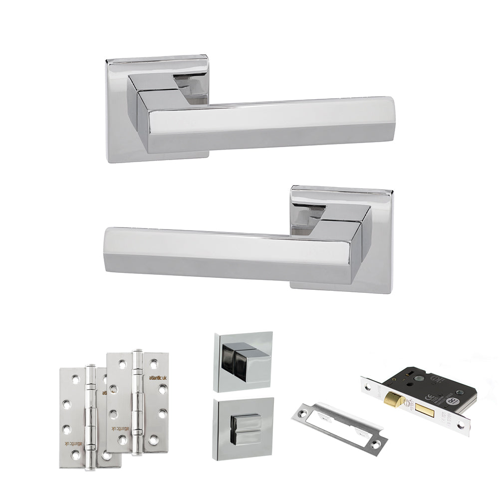 Quality image of Senza Pari Davoli Door Handle Pack (Bathroom Set - 2.5" CE Bathroom Lock, 4" Slim Knuckle Hinges x2) - Polished Chrome | Sku. adpsp216pc12 | available from Trade Door Handles.