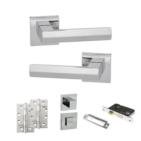 Quality image of Senza Pari Davoli Door Handle Pack (Bathroom Set - 2.5" CE Bathroom Lock, 4" Slim Knuckle Hinges x2) - Polished Chrome | Sku. adpsp216pc12 | available from Trade Door Handles.