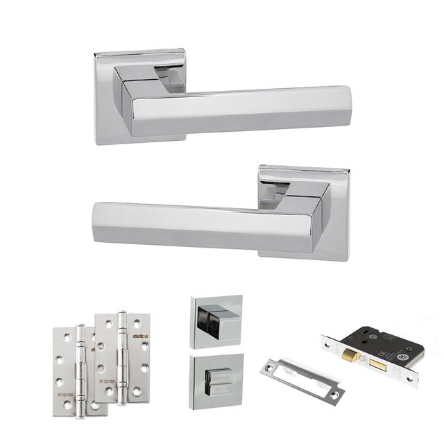Quality image of Senza Pari Davoli Door Handle Pack (Bathroom Set - 2.5" CE Bathroom Lock, 4" Slim Knuckle Hinges x2) - Polished Chrome | Sku. adpsp216pc12 | available from Trade Door Handles.