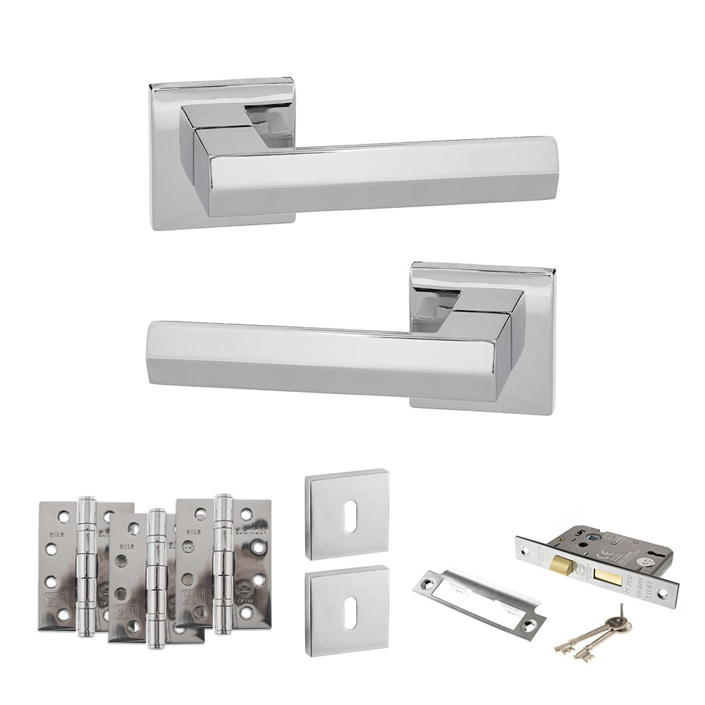 Quality image of Senza Pari Davoli Door Handle Pack (3 Lever Lock Set - 2.5" CE Sashlock, 4" Fire Rated Hinges x3) - Polished Chrome | Sku. adpsp216pc16 | available from Trade Door Handles.