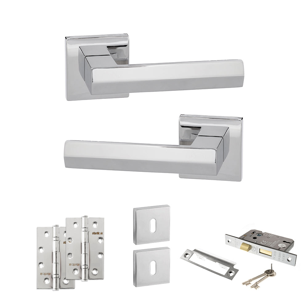 Quality image of Senza Pari Davoli Door Handle Pack (3 Lever Lock Set - 2.5" CE Sashlock, 4" Slim Knuckle Hinges x2) - Polished Chrome | Sku. adpsp216pc18 | available from Trade Door Handles.