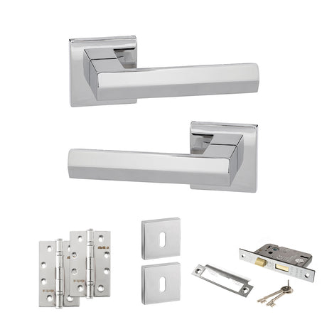 Quality image of Senza Pari Davoli Door Handle Pack (3 Lever Lock Set - 2.5" CE Sashlock, 4" Slim Knuckle Hinges x2) - Polished Chrome | Sku. adpsp216pc18 | available from Trade Door Handles.
