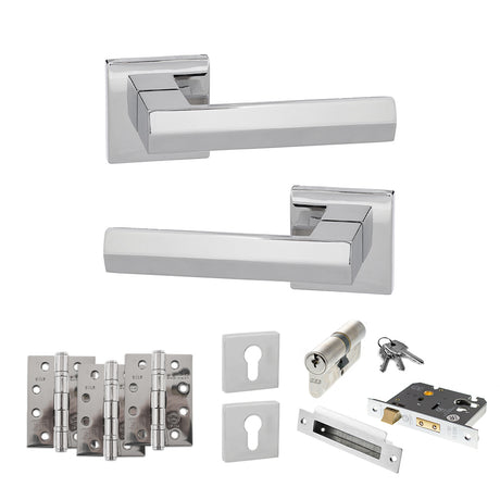 Quality image of Senza Pari Davoli Door Handle Pack (Euro Lock Set - 2.5" CE Sashlock, 4" Fire Rated Hinges x3) - Polished Chrome | Sku. adpsp216pc22 | available from Trade Door Handles.