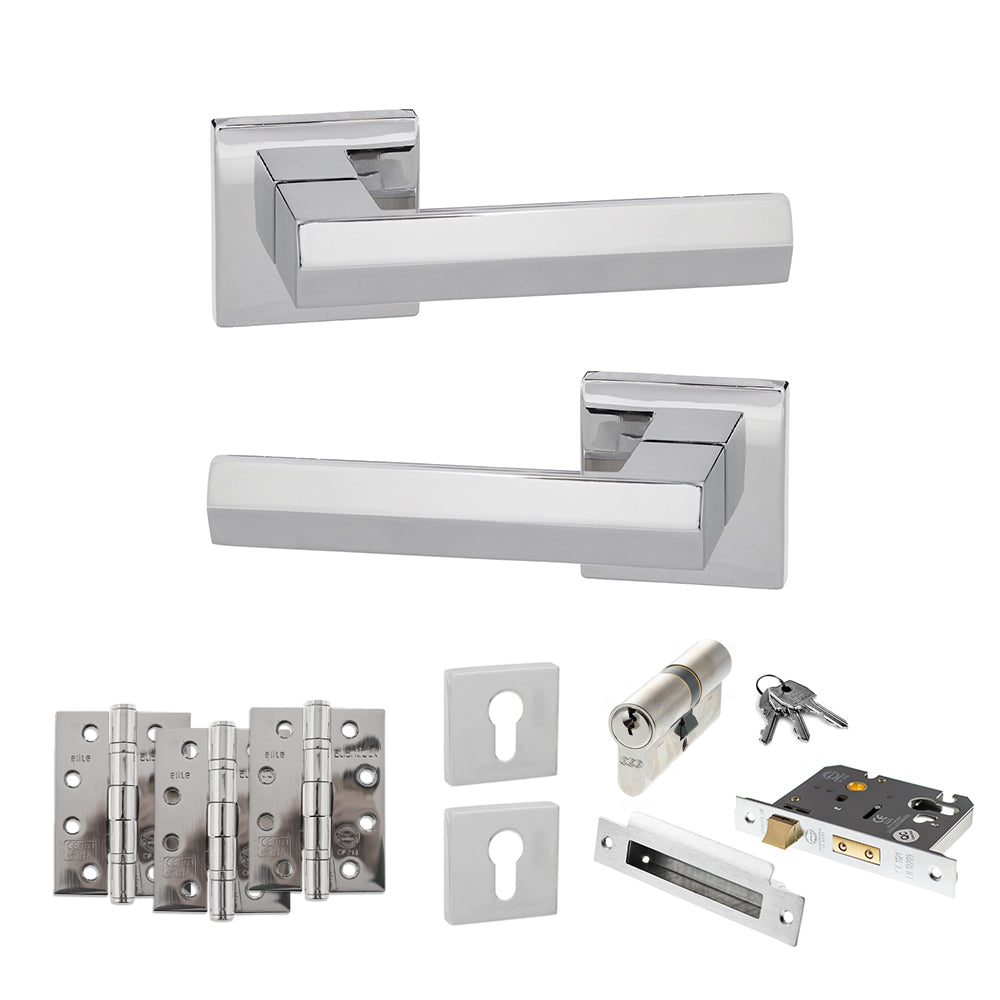Quality image of Senza Pari Davoli Door Handle Pack (Euro Lock Set - 3" CE Sashlock, 4" Fire Rated Hinges x3) - Polished Chrome | Sku. adpsp216pc23 | available from Trade Door Handles.