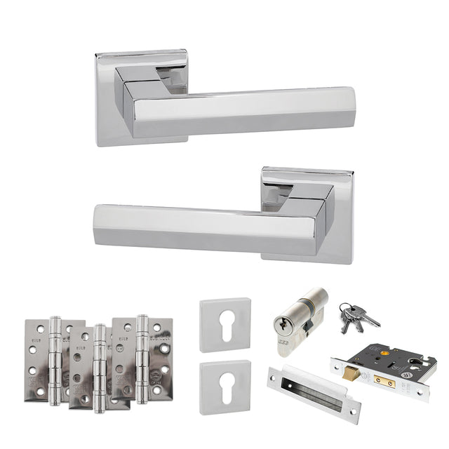 Quality image of Senza Pari Davoli Door Handle Pack (Euro Lock Set - 3" CE Sashlock, 4" Fire Rated Hinges x3) - Polished Chrome | Sku. adpsp216pc23 | available from Trade Door Handles.