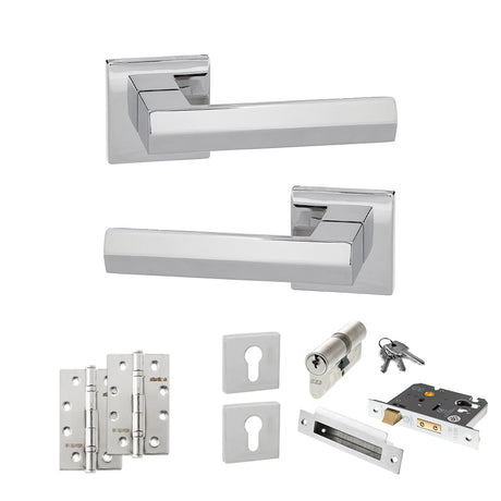 Quality image of Senza Pari Davoli Door Handle Pack (Euro Lock Set - 2.5" CE Sashlock, 4" Slim Knuckle Hinges x2) - Polished Chrome | Sku. adpsp216pc24 | available from Trade Door Handles.