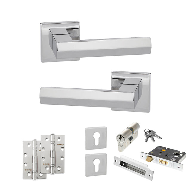 Quality image of Senza Pari Davoli Door Handle Pack (Euro Lock Set - 2.5" CE Sashlock, 4" Slim Knuckle Hinges x2) - Polished Chrome | Sku. adpsp216pc24 | available from Trade Door Handles.