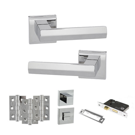 Quality image of Senza Pari Davoli Door Handle Pack (Bathroom Set - 3" CE Bathroom Lock, 3" Fire Rated Hinges x3) - Polished Chrome | Sku. adpsp216pc9 | available from Trade Door Handles.