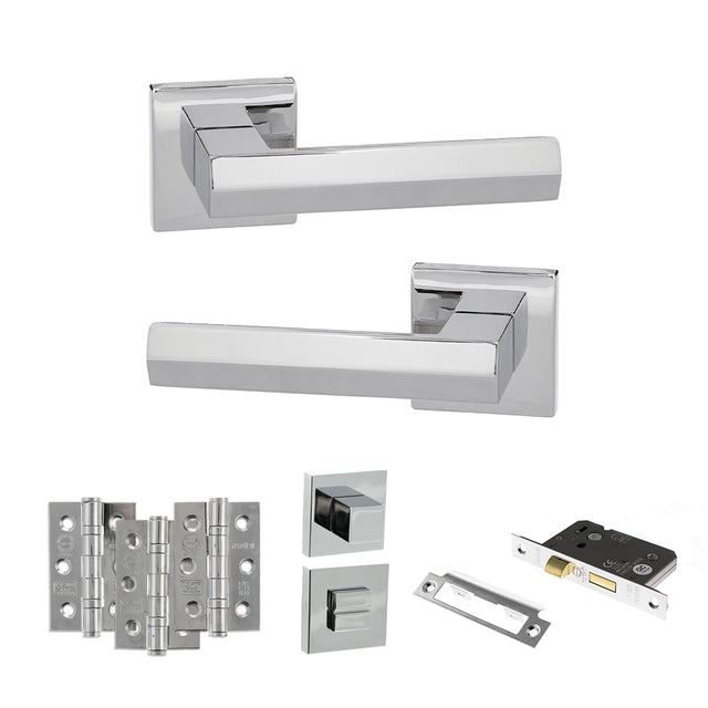 Quality image of Senza Pari Davoli Door Handle Pack (Bathroom Set - 3" CE Bathroom Lock, 3" Fire Rated Hinges x3) - Polished Chrome | Sku. adpsp216pc9 | available from Trade Door Handles.