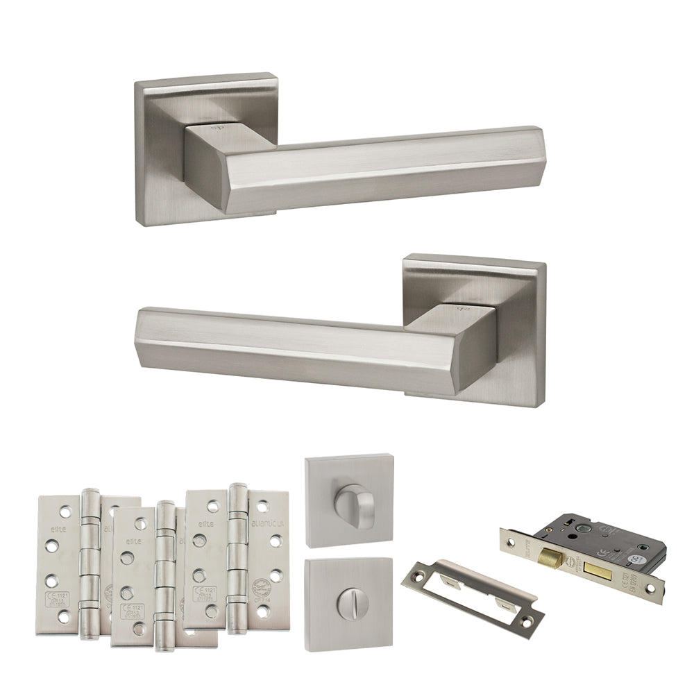 Quality image of Senza Pari Davoli Door Handle Pack (Bathroom Set - 2.5" CE Bathroom Lock, 4" Fire Rated Hinges x3) - Satin Nickel | Sku. adpsp216sn10 | available from Trade Door Handles.