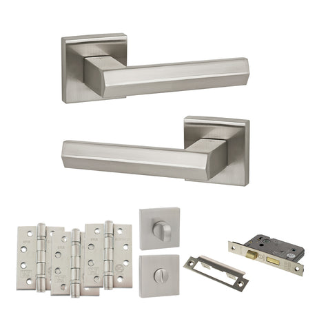 Quality image of Senza Pari Davoli Door Handle Pack (Bathroom Set - 3" CE Bathroom Lock, 4" Fire Rated Hinges x3) - Satin Nickel | Sku. adpsp216sn11 | available from Trade Door Handles.