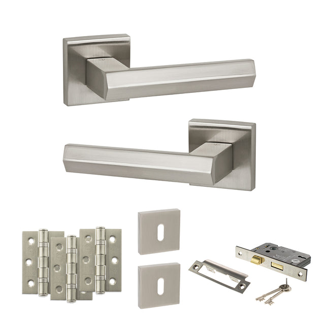 Quality image of Senza Pari Davoli Door Handle Pack (3 Lever Lock Set - 2.5" CE Sashlock, 3" Fire Rated Hinges x3) - Satin Nickel | Sku. adpsp216sn14 | available from Trade Door Handles.
