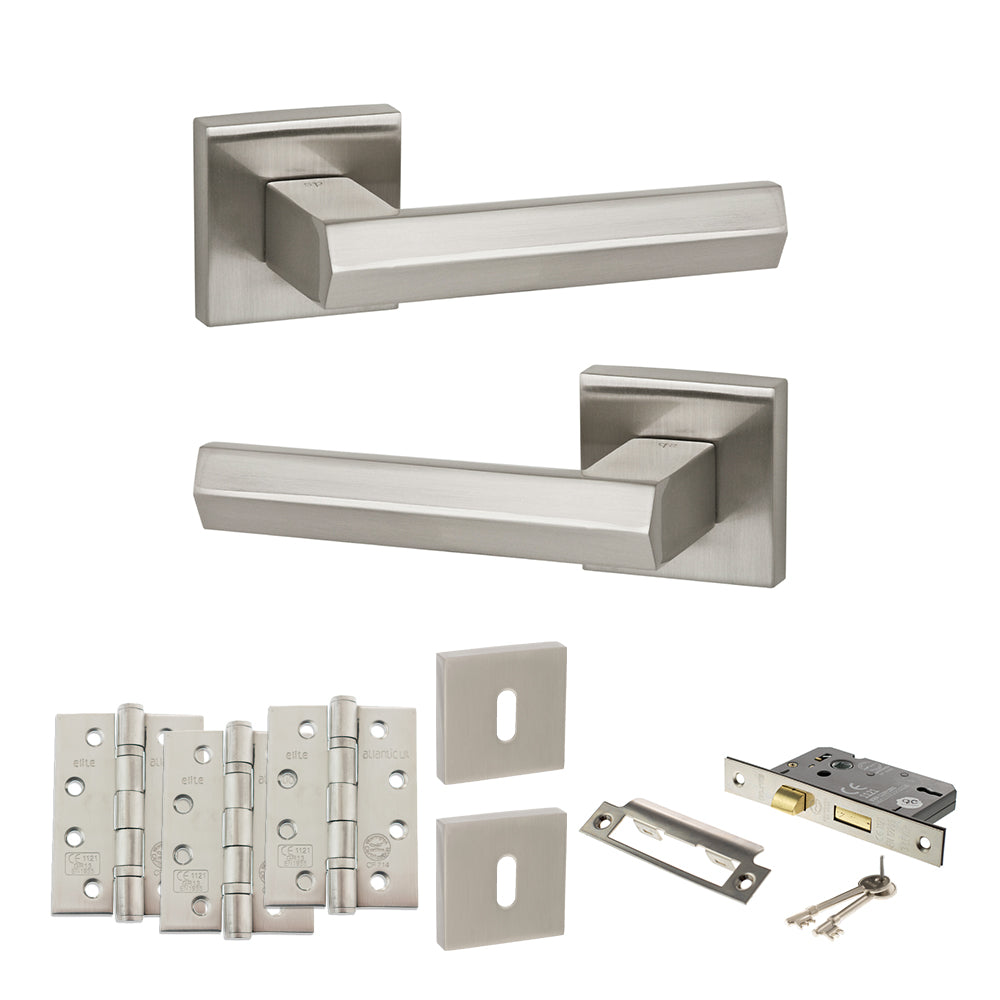 Quality image of Senza Pari Davoli Door Handle Pack (3 Lever Lock Set - 3" CE Sashlock, 4" Fire Rated Hinges x3) - Satin Nickel | Sku. adpsp216sn17 | available from Trade Door Handles.