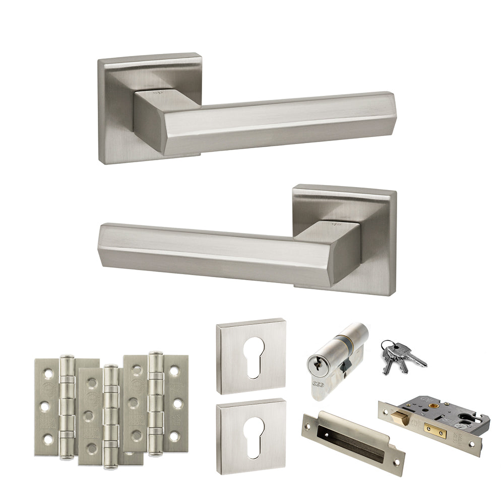 Quality image of Senza Pari Davoli Door Handle Pack (Euro Lock Set - 3" CE Sashlock, 3" Fire Rated Hinges x3) - Satin Nickel | Sku. adpsp216sn21 | available from Trade Door Handles.