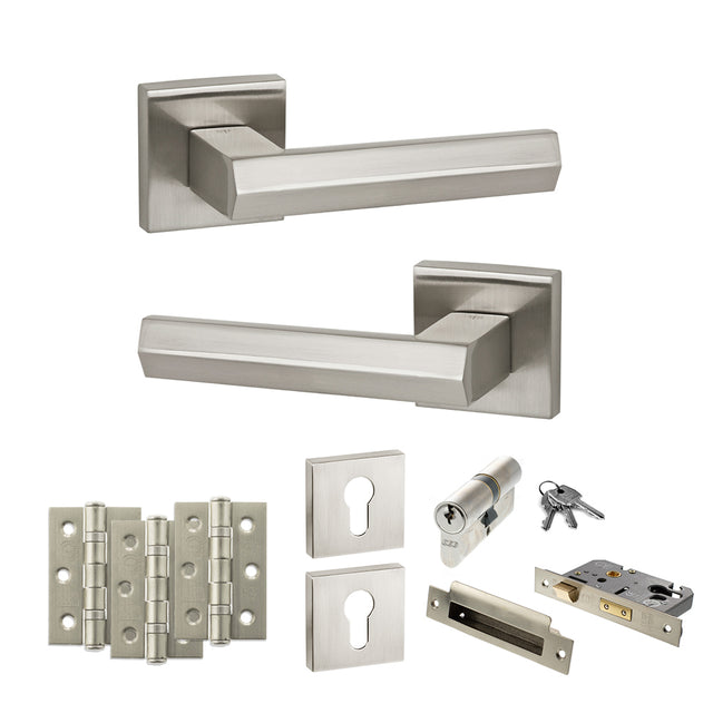Quality image of Senza Pari Davoli Door Handle Pack (Euro Lock Set - 3" CE Sashlock, 3" Fire Rated Hinges x3) - Satin Nickel | Sku. adpsp216sn21 | available from Trade Door Handles.
