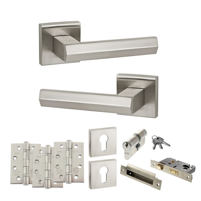 Quality image of Senza Pari Davoli Door Handle Pack (Euro Lock Set - 3" CE Sashlock, 4" Fire Rated Hinges x3) - Satin Nickel | Sku. adpsp216sn23 | available from Trade Door Handles.
