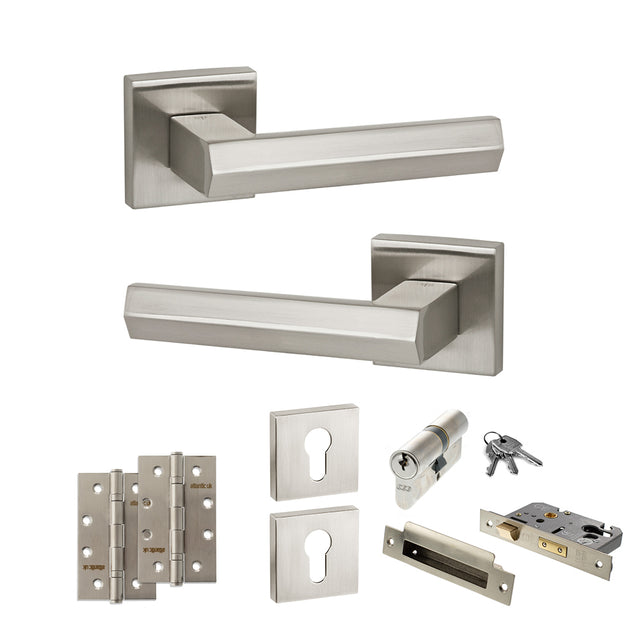 Quality image of Senza Pari Davoli Door Handle Pack (Euro Lock Set - 3" CE Sashlock, 4" Slim Knuckle Hinges x2) - Satin Nickel | Sku. adpsp216sn25 | available from Trade Door Handles.