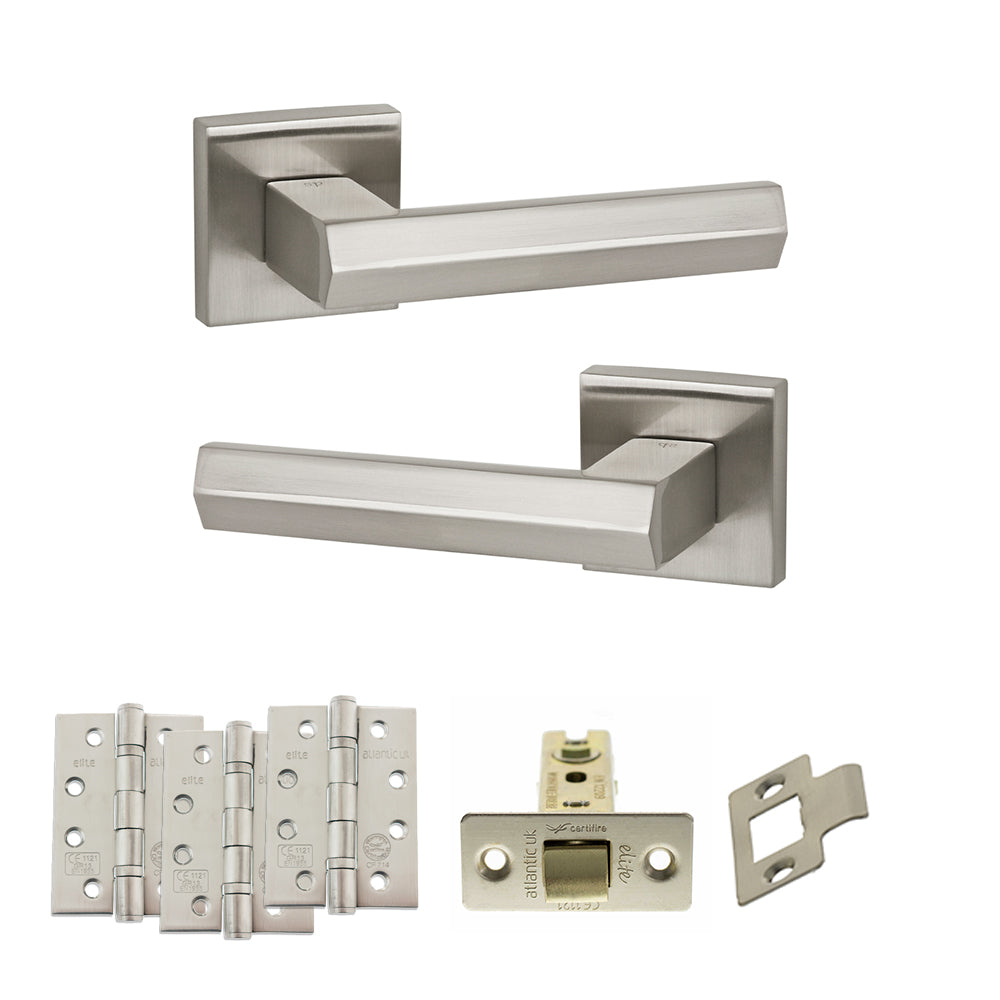 Quality image of Senza Pari Davoli Door Handle Pack (Latch Set - 2.5" CE Latch, 4" Fire Rated Hinges x3) - Satin Nickel | Sku. adpsp216sn3 | available from Trade Door Handles.