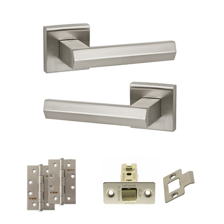 Quality image of Senza Pari Davoli Door Handle Pack (Latch Set - 2.5" CE Latch, 4" Slim Knuckle Hinges x2) - Satin Nickel | Sku. adpsp216sn5 | available from Trade Door Handles.