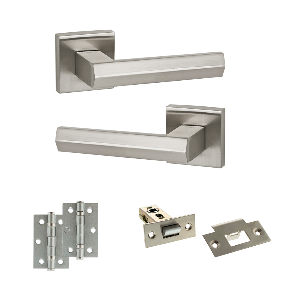 Quality image of Senza Pari Davoli Door Handle Pack (Latch Set - 2.5" Latch, 3" Hinges x2) - Satin Nickel | Sku. adpsp216sn7 | available from Trade Door Handles.