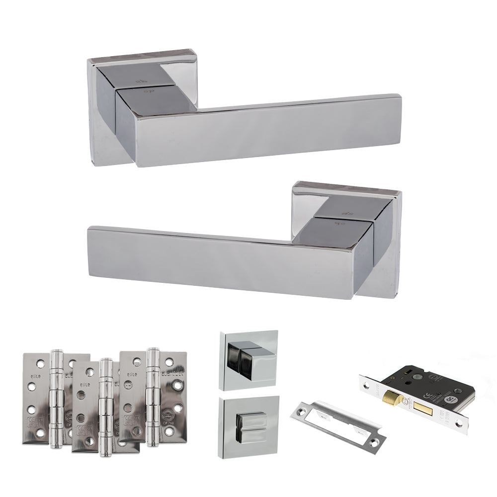 Quality image of Senza Pari Panetti Door Handle Pack (Bathroom Set - 2.5" CE Bathroom Lock, 4" Fire Rated Hinges x3) - Polished Chrome | Sku. adpsp217cp10 | available from Trade Door Handles.