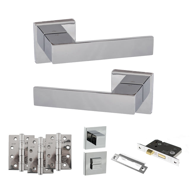 Quality image of Senza Pari Panetti Door Handle Pack (Bathroom Set - 2.5" CE Bathroom Lock, 4" Fire Rated Hinges x3) - Polished Chrome | Sku. adpsp217cp10 | available from Trade Door Handles.