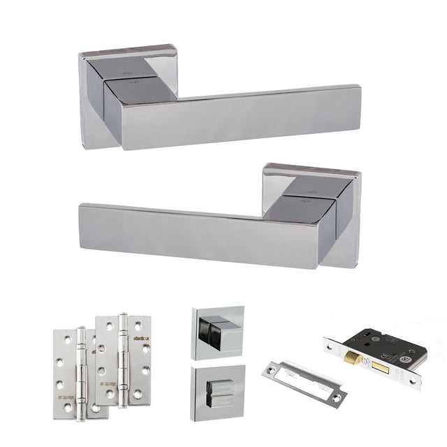Quality image of Senza Pari Panetti Door Handle Pack (Bathroom Set - 2.5" CE Bathroom Lock, 4" Slim Knuckle Hinges x2) - Polished Chrome | Sku. adpsp217cp12 | available from Trade Door Handles.