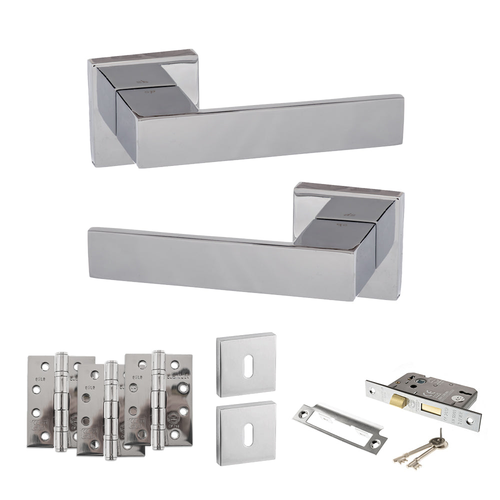 Quality image of Senza Pari Panetti Door Handle Pack (3 Lever Lock Set - 3" CE Sashlock, 4" Fire Rated Hinges x3) - Polished Chrome | Sku. adpsp217cp17 | available from Trade Door Handles.