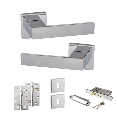 Quality image of Senza Pari Panetti Door Handle Pack (3 Lever Lock Set - 2.5" CE Sashlock, 4" Slim Knuckle Hinges x2) - Polished Chrome | Sku. adpsp217cp18 | available from Trade Door Handles.