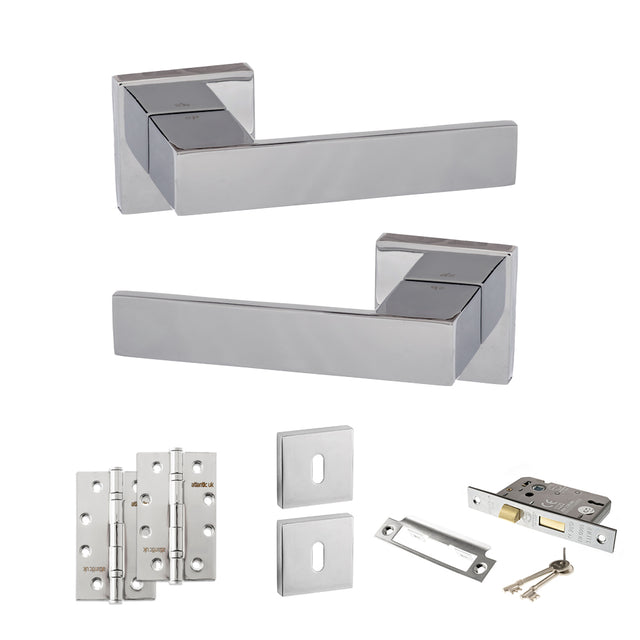 Quality image of Senza Pari Panetti Door Handle Pack (3 Lever Lock Set - 2.5" CE Sashlock, 4" Slim Knuckle Hinges x2) - Polished Chrome | Sku. adpsp217cp18 | available from Trade Door Handles.