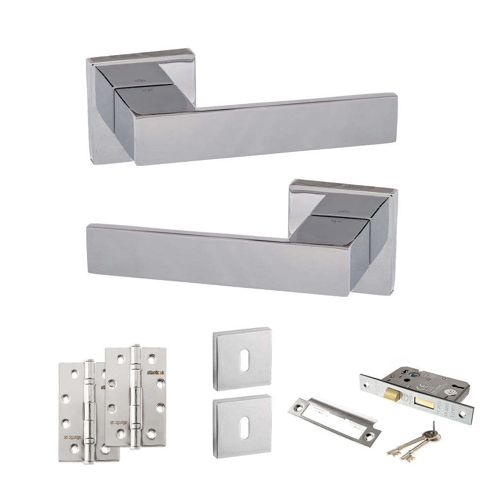 Quality image of Senza Pari Panetti Door Handle Pack (3 Lever Lock Set - 3" CE Sashlock, 4" Slim Knuckle Hinges x2) - Polished Chrome | Sku. adpsp217cp19 | available from Trade Door Handles.