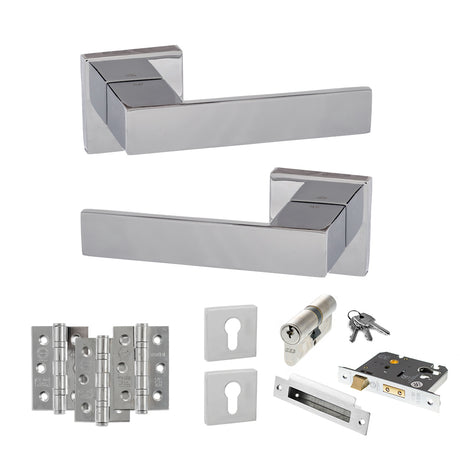 Quality image of Senza Pari Panetti Door Handle Pack (Euro Lock Set - 2.5" CE Sashlock, 3" Fire Rated Hinges x3) - Polished Chrome | Sku. adpsp217cp20 | available from Trade Door Handles.