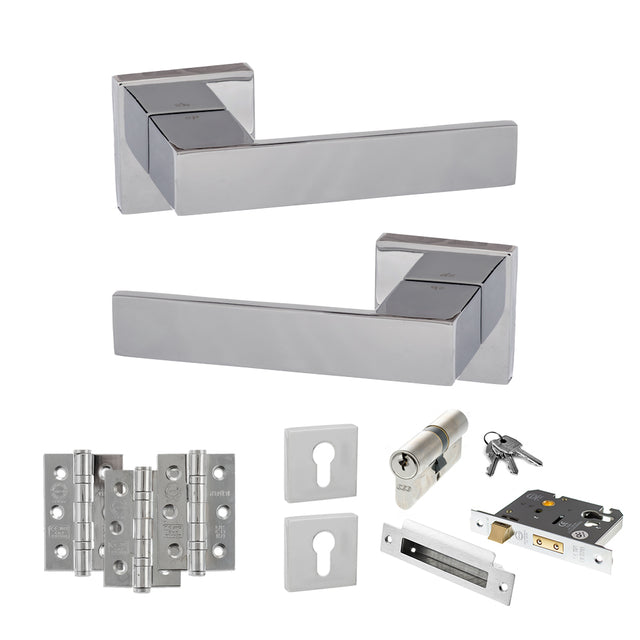 Quality image of Senza Pari Panetti Door Handle Pack (Euro Lock Set - 2.5" CE Sashlock, 3" Fire Rated Hinges x3) - Polished Chrome | Sku. adpsp217cp20 | available from Trade Door Handles.
