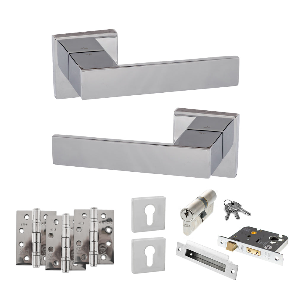 Quality image of Senza Pari Panetti Door Handle Pack (Euro Lock Set - 2.5" CE Sashlock, 4" Fire Rated Hinges x3) - Polished Chrome | Sku. adpsp217cp22 | available from Trade Door Handles.