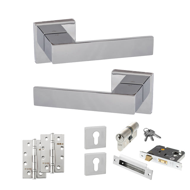 Quality image of Senza Pari Panetti Door Handle Pack (Euro Lock Set - 2.5" CE Sashlock, 4" Slim Knuckle Hinges x2) - Polished Chrome | Sku. adpsp217cp24 | available from Trade Door Handles.
