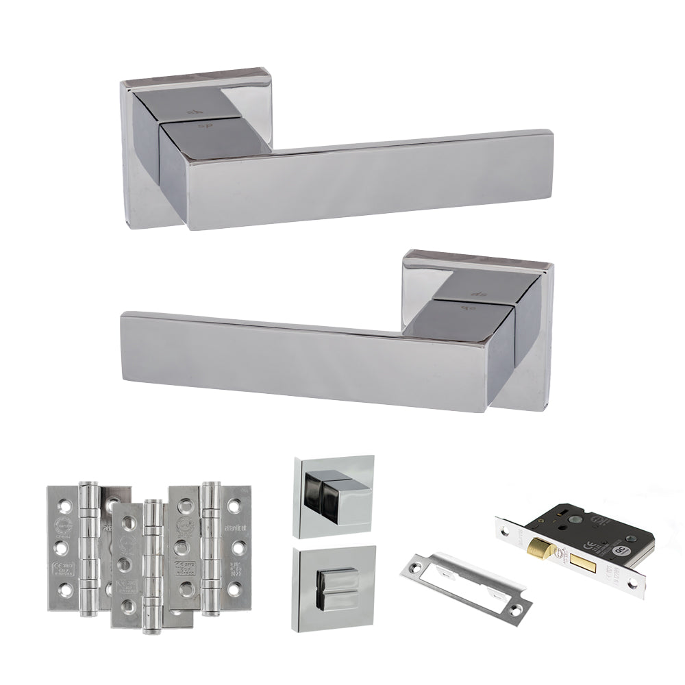 Quality image of Senza Pari Panetti Door Handle Pack (Bathroom Set - 2.5" CE Bathroom Lock, 3" Fire Rated Hinges x3) - Polished Chrome | Sku. adpsp217cp8 | available from Trade Door Handles.