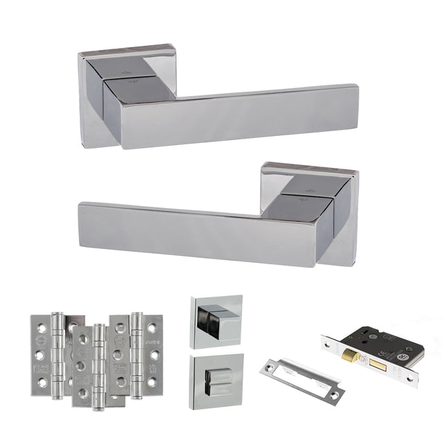 Quality image of Senza Pari Panetti Door Handle Pack (Bathroom Set - 2.5" CE Bathroom Lock, 3" Fire Rated Hinges x3) - Polished Chrome | Sku. adpsp217cp8 | available from Trade Door Handles.