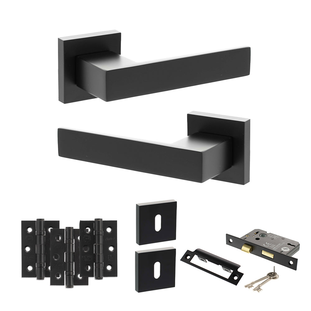 Quality image of Senza Pari Panetti Door Handle Pack (3 Lever Lock Set - 2.5" CE Sashlock, 3" Fire Rated Hinges x3) - Matt Black | Sku. adpsp217mb14 | available from Trade Door Handles.