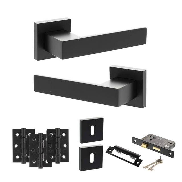 Quality image of Senza Pari Panetti Door Handle Pack (3 Lever Lock Set - 2.5" CE Sashlock, 3" Fire Rated Hinges x3) - Matt Black | Sku. adpsp217mb14 | available from Trade Door Handles.