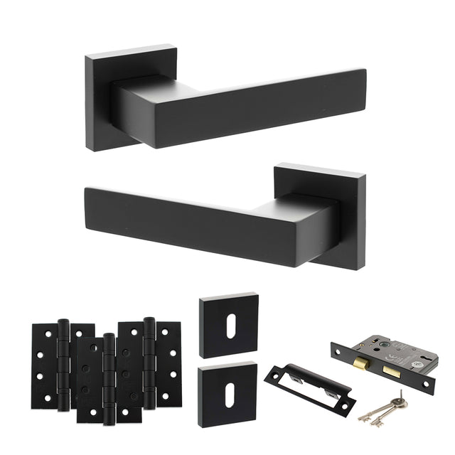 Quality image of Senza Pari Panetti Door Handle Pack (3 Lever Lock Set - 3" CE Sashlock, 4" Fire Rated Hinges x3) - Matt Black | Sku. adpsp217mb17 | available from Trade Door Handles.