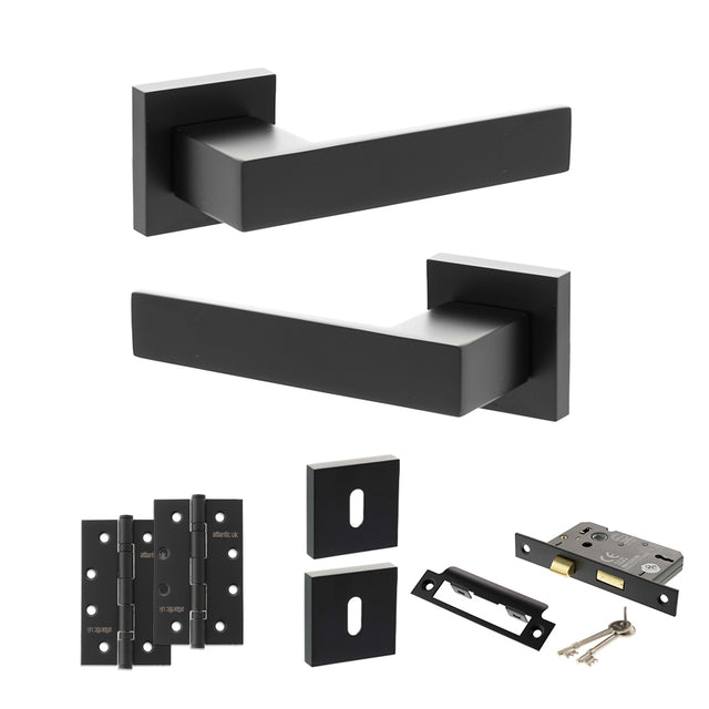 Quality image of Senza Pari Panetti Door Handle Pack (3 Lever Lock Set - 3" CE Sashlock, 4" Slim Knuckle Hinges x2) - Matt Black | Sku. adpsp217mb19 | available from Trade Door Handles.