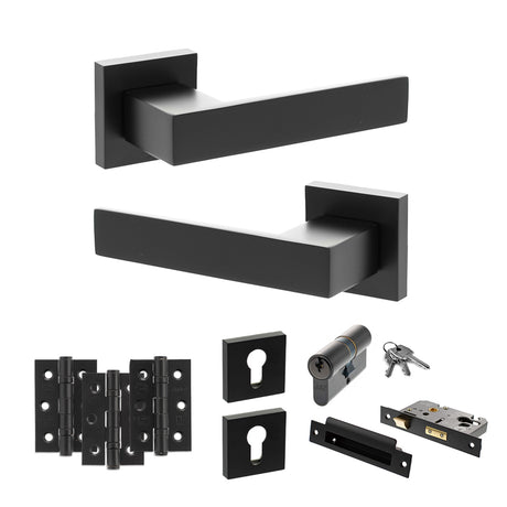 Quality image of Senza Pari Panetti Door Handle Pack (Euro Lock Set - 3" CE Sashlock, 3" Fire Rated Hinges x3) - Matt Black | Sku. adpsp217mb21 | available from Trade Door Handles.