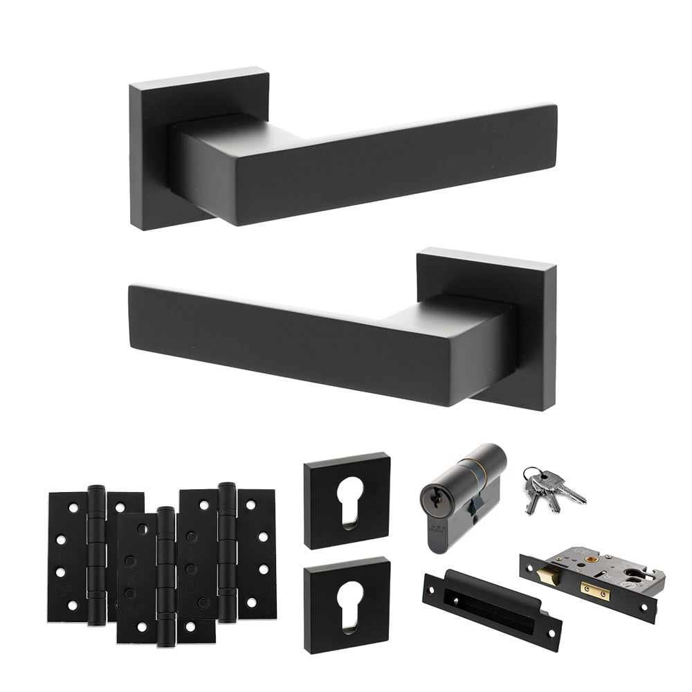Quality image of Senza Pari Panetti Door Handle Pack (Euro Lock Set - 2.5" CE Sashlock, 4" Fire Rated Hinges x3) - Matt Black | Sku. adpsp217mb22 | available from Trade Door Handles.