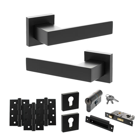 Quality image of Senza Pari Panetti Door Handle Pack (Euro Lock Set - 3" CE Sashlock, 4" Fire Rated Hinges x3) - Matt Black | Sku. adpsp217mb23 | available from Trade Door Handles.