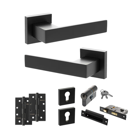 Quality image of Senza Pari Panetti Door Handle Pack (Euro Lock Set - 3" CE Sashlock, 4" Slim Knuckle Hinges x2) - Matt Black | Sku. adpsp217mb25 | available from Trade Door Handles.