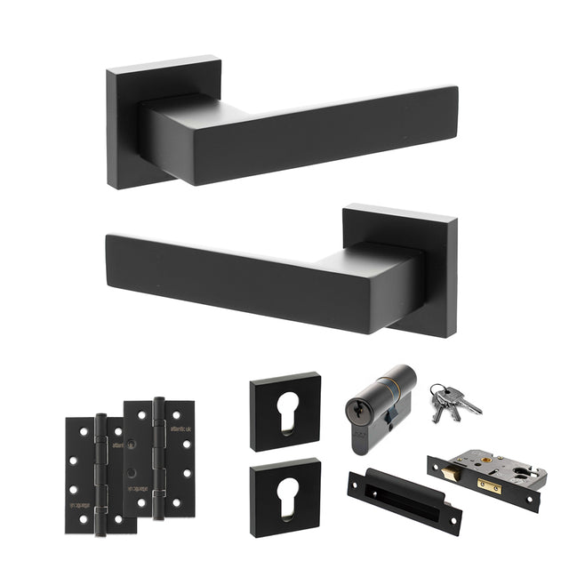 Quality image of Senza Pari Panetti Door Handle Pack (Euro Lock Set - 3" CE Sashlock, 4" Slim Knuckle Hinges x2) - Matt Black | Sku. adpsp217mb25 | available from Trade Door Handles.