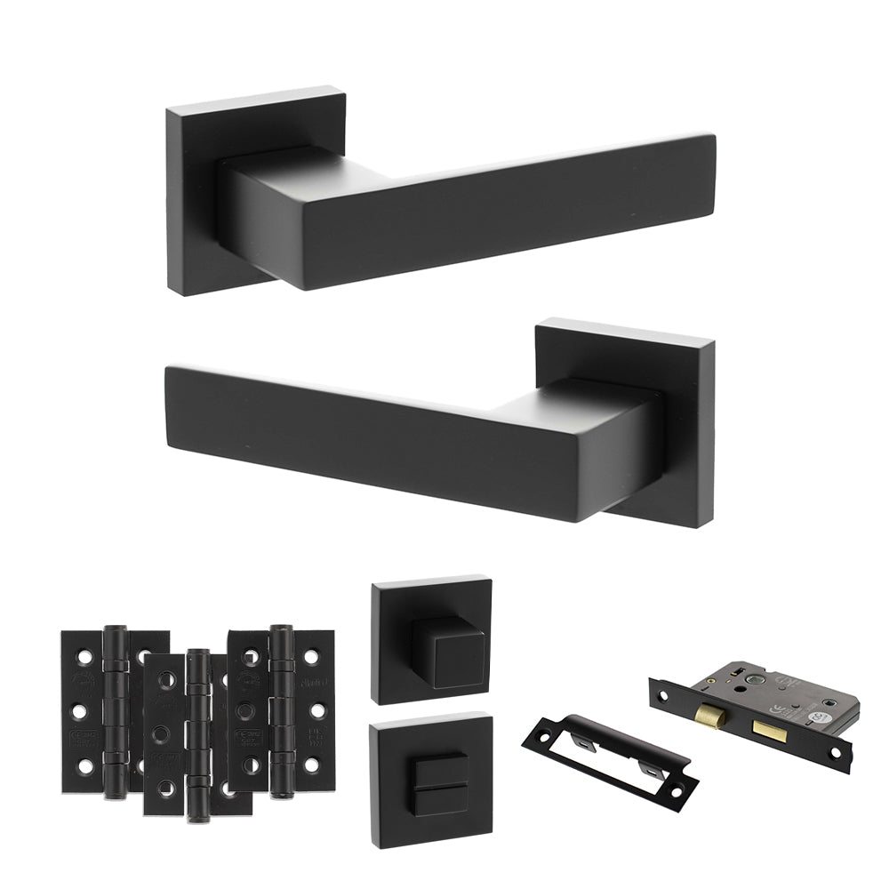 Quality image of Senza Pari Panetti Door Handle Pack (Bathroom Set - 3" CE Bathroom Lock, 3" Fire Rated Hinges x3) - Matt Black | Sku. adpsp217mb9 | available from Trade Door Handles.