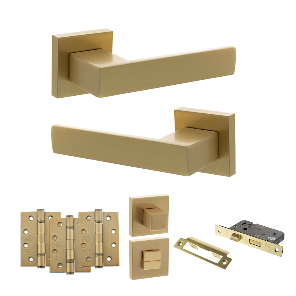 Quality image of Senza Pari Panetti Door Handle Pack (Bathroom Set - 2.5" CE Bathroom Lock, 4" Fire Rated Hinges x3) - Satin Brass | Sku. adpsp217sb10 | available from Trade Door Handles.